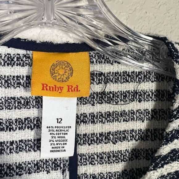 Ruby Rd Women's Blue White Nautical Striped Textured Tweed Blazer Jacket Size 12 - Picture 2 of 7